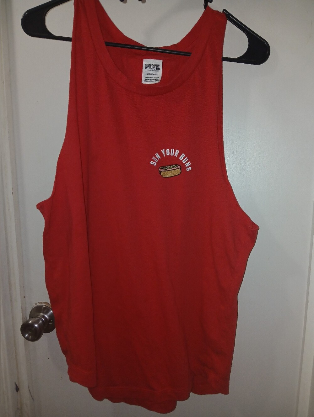 PINK Victoria's Secret Red Graphic Tee - 'Sun Your Buns' Hot Dog Motif
